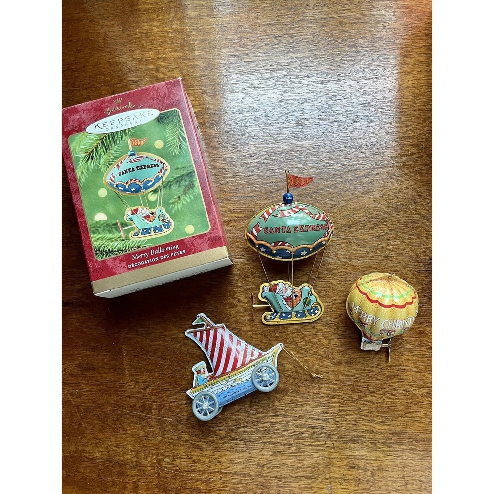 3 Tin Hallmark Ornaments 1993 Hot Air Balloon 2000 Merry Ballooning 1988 Sailing